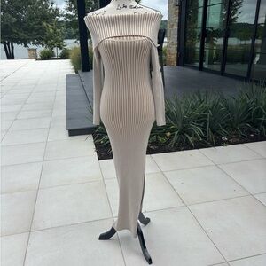 Anthropologie Off-Shoulder Ribbed Knit Maxi Dress XS Beige Tan S